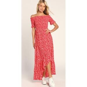 Lulu’s Fleur-tation Red Floral Print Off-the-Shoulder Mid‎ Dress Large